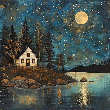 Huisje aan het meer bij sterrennacht, schilderij. van Vlindertuin-Art