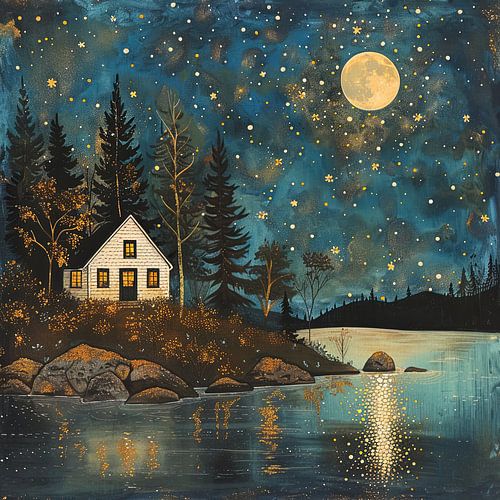Huisje aan het meer bij sterrennacht, schilderij.