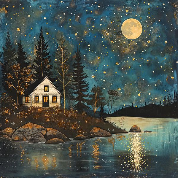 Chalet au bord du lac lors d'une nuit étoilée, peinture. par Vlindertuin-Art
