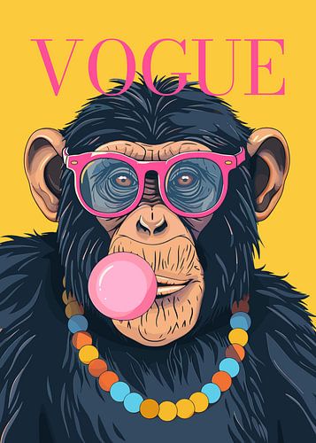 Chimpanzee stylish wearing sunglasses blowing pink bubble gum vogue poster