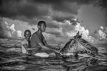 Boys cool their horses in the sea by Frans Lemmens