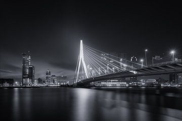 Rotterdam Erasmusbrug Avond Zwart-Wit van Niels Dam