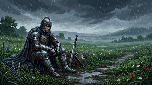 Einsamer mittelalterlicher Ritter, der in einer stürmischen Regenlandschaft ruht – Pixelkunst