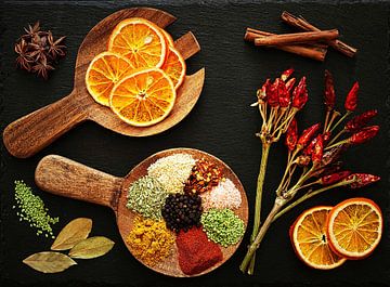 Cheerful , colourful still life with spices and herbs. by Saskia Dingemans