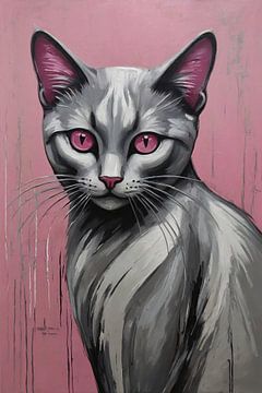 Roze Ogen Zilveren Kat tegen Roze Achtergrond van De Muurdecoratie