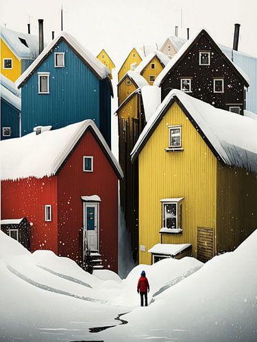 Winterlandschap huizen persoon grafisch gestileerde kleurrijke