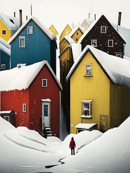 Winterlandschap huizen persoon grafisch gestileerde kleurrijke van gm_designs