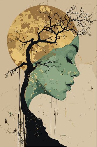 Ätherische Frau im Baum Silhouette Mond