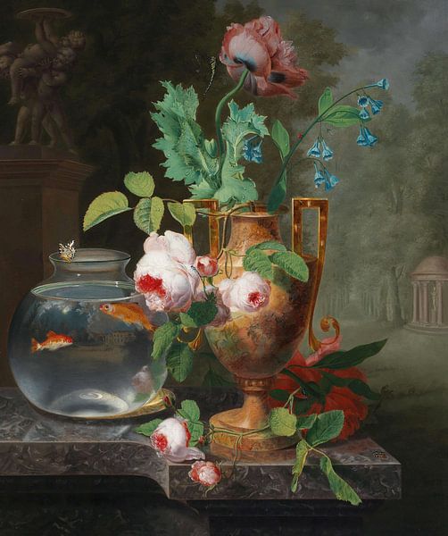 Stillleben mit Blumen in einer Vase und Goldfischglas, Jean Baptiste Berré von Meesterlijcke Meesters
