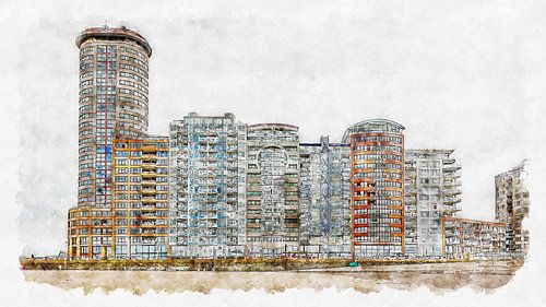Sardinian tower and apartments on Boulevard Bankert in Vlissingen (watercolour)