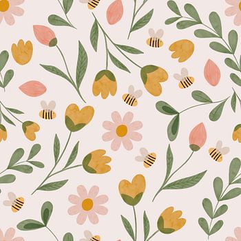 Grillige bloemen, bijen en bladeren