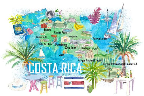 Carte de voyage illustrée du Costa Rica avec routes et points forts
