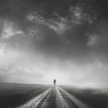 Lonely hiker - black and white photograph of an endless road by Poster Art Shop