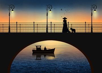 Romantische vergadering door de rivier in de zonsondergang