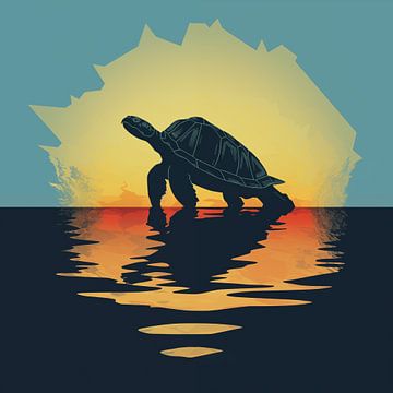 Schildpad silhouette zonsondergang blauw Minimalisme van TheXclusive Art