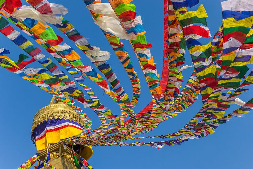 Drapeaux colorés dans un temple bouddhiste à Katmandou, au Népal par Marc Venema