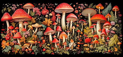 Herfstcollage met paddenstoelen en bloemen