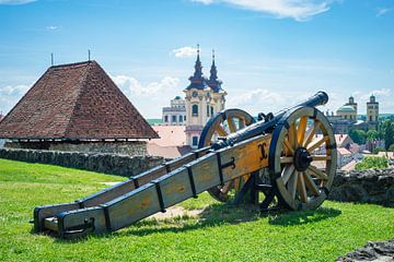 Kanon op de muur van de burcht van Eger, Hongarije van Menno van der Haven