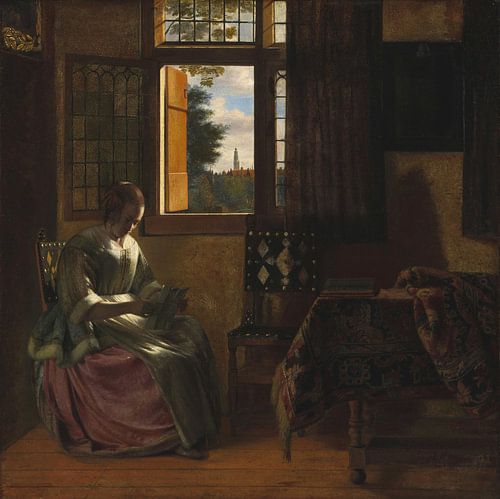 Een vrouw die een brief leest bij een raam, Pieter de Hooch