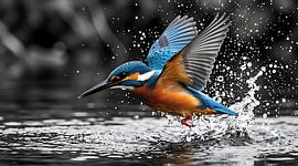 Tableau mural représentant un martin-pêcheur plein de vie sortant de l'eau - Oiseau en mouvement, nature sauvage