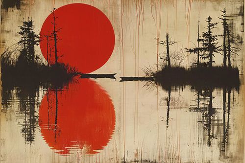 Abstracte rode zon boven water met bomen