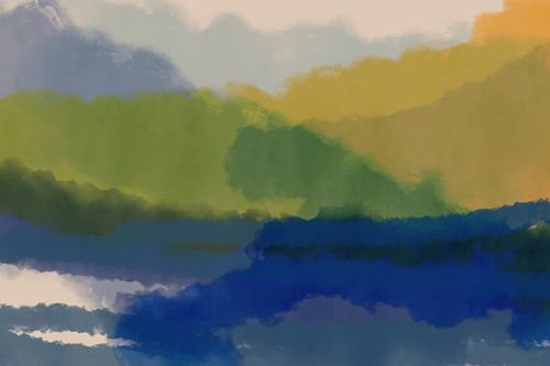 Eigentijds abstract kleurrijk landschap in blauw, geel, groen.