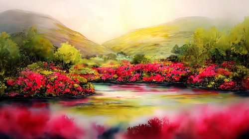 Üppige rote Blüten am See von Frank Heinz