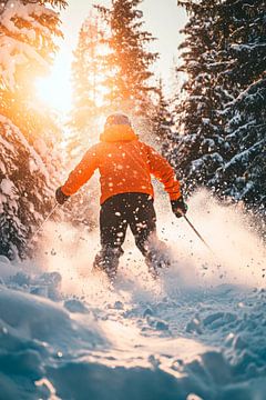 Skiërs in een besneeuwd landschap van Poster Art Shop