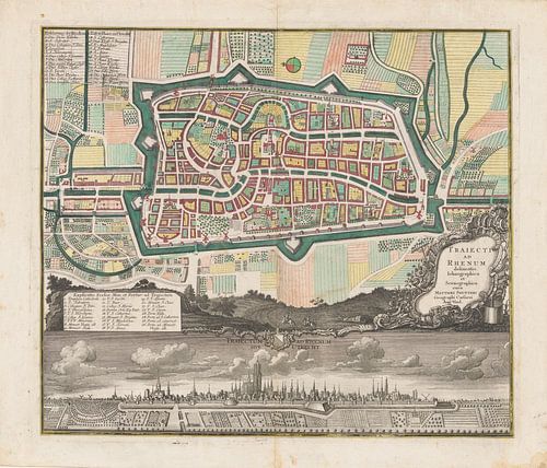 Plan de la ville d'Utrecht avec vue sur la ville, anonyme, 1731 - 1740