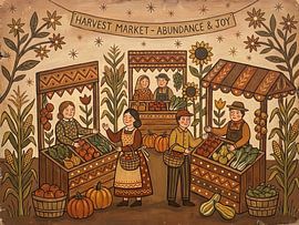 Volkskunst-Illustration eines fröhlichen Herbst-Erntemarktes von Clay Artista