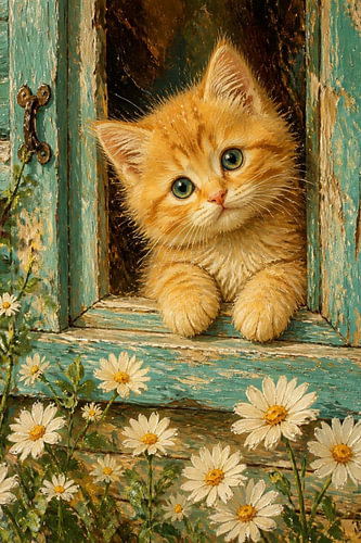 Curious Ginger Kitten by the Vintage Window