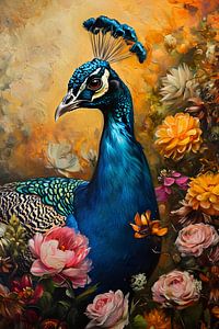 Pfau zwischen bunten Blumen