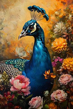 Peacock among colourful Flowers by But First Framing