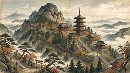 Japanischer Bergtempel über den Meereswolken von my pixel art