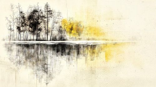 Winterbomen op de bevroren oever van het meer