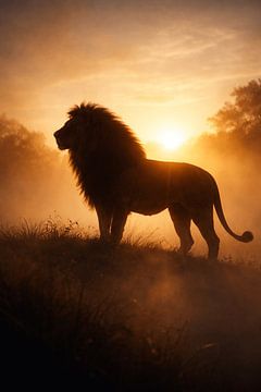 Lion in golden sunset – majestic silhouette in warm evening light