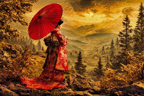 schilderachtige Japanse kunst Geisha in landschap