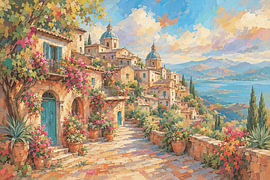 Mediterranes Dorfbild im impressionistischen Malstil von STUDIO ARTSY