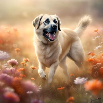 Anatolische herdershond speelt in een bloemenveld van Johanna's Art