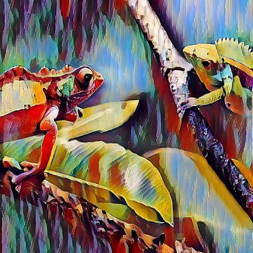 Buntes AI-Kunstwerk eines Chamäleons auf einem Zweig von Emiel de Lange