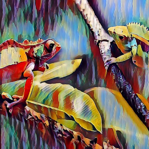 Kleurig AI kunstwerk van kameleon op tak
