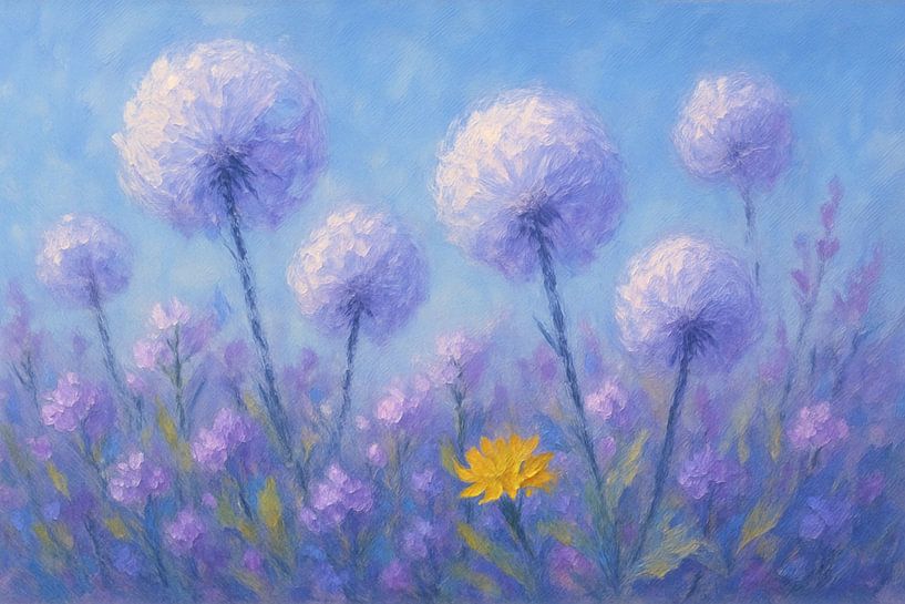 ein Löwenzahn und viele Pusteblumen von Claudia Gründler