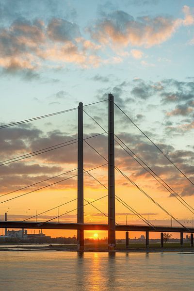 Rheinkniebrücke Düsseldorf bij zonsondergang van Michael Valjak