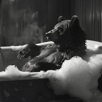 Badezimmer Bild: Gelassener Bär im Schaumbad - Ein Augenzwinkernder Blickfang für Ihr WC