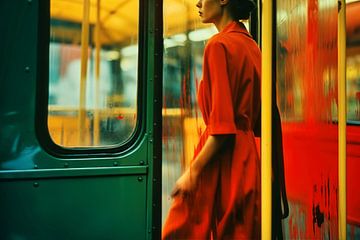 New York City Subway Nachttrein Vrouw in rood, geel en groen van Frank Daske | Foto & Design