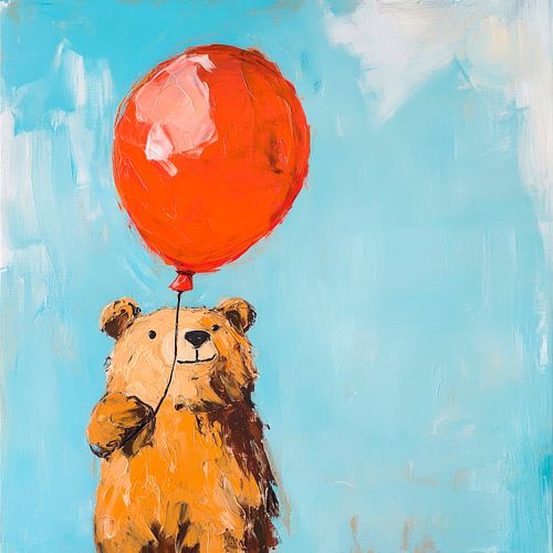 Beer met rode ballon op blauwe lucht