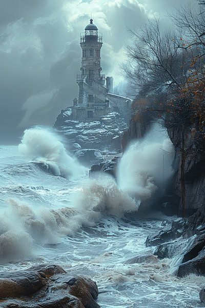 Majestic Lighthouse Amidst Stormy Seas and Rocks by Poster Art Shop
