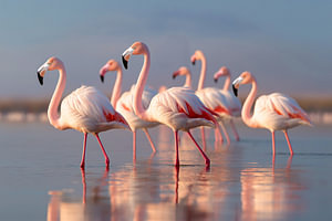 Rosaflamingos  (Phoenicopterus ruber) im sanften Abendlicht