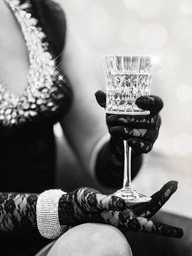 Coquette Girl - Black White Champagne Photo Art Print - Female Glitter Glamour Photography van Dagmar Pels