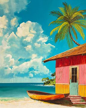 Caribbean Fisherman's cottage by the sea with rowboat and palm tree by Roger VDB